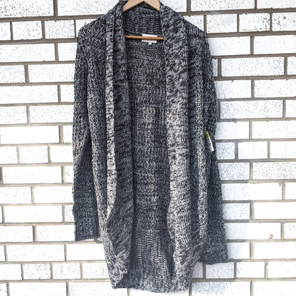 Drape Front Open Long Cardigan Black and Grey